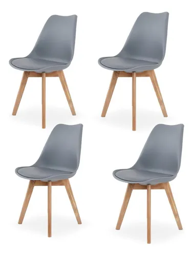 Silla De Comedor Acolchada Moderna Con Patas De Madera 4 Pz Asiento Gris Diseño De La Tela Liso
