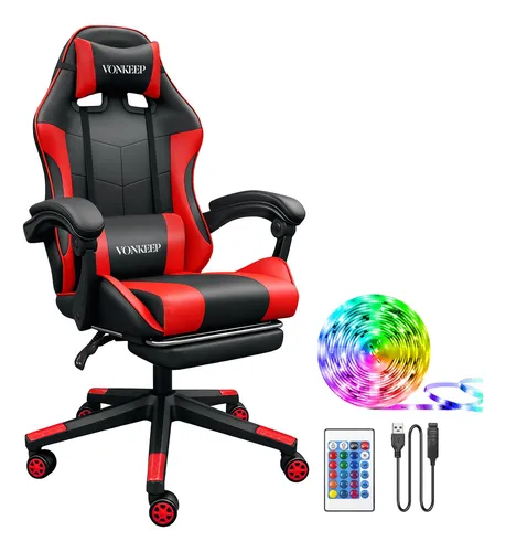 Vonkeep Silla Gamer Ergonómica Reposapiés Reclinable Giratoria Gaming Escritorio Oficina Súper Cómoda Cuero Sintético Y Tira Luces Rgb Led Decorativas 5m
