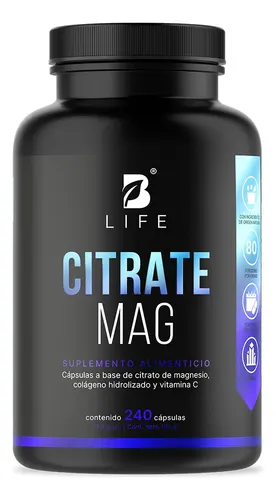 Citrato de Magnesio con 240 Cápsulas | 2400 mg por Porción | Alta Absorción y Biodisponibilidad | Con Vitamina C y Colágeno | Citrate Mag B Life