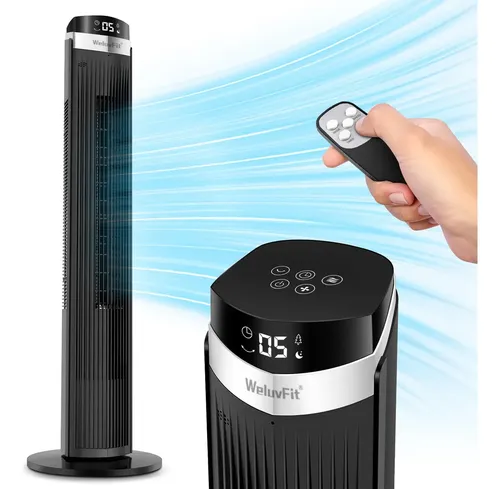 Ventilador de torre silencioso 102cm Weluvfit, oscilante 90°, 5 velocidades, 3 modos, 9 m/s, temporizador de 12 horas, ideal para hogar y oficina.