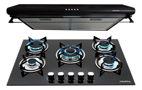 Combo Supra Parrilla A Gas 5 Quemadores Y Campana Básica Color Negro