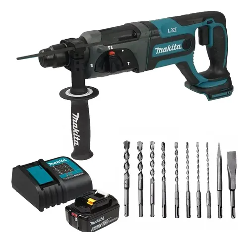 Kit Rotomartillo Cincelador Makita DHR241STX2 + Batería 5.0Ah + Cargador + Juego 10 Brocas | Potencia y autonomía para perforar y cincelar concreto con sistema SDS Plus y alto rendimiento