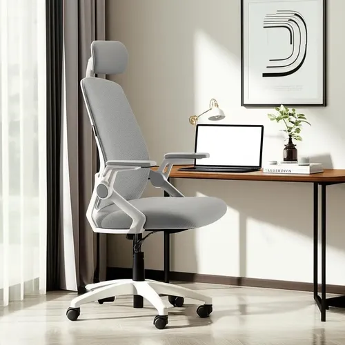 Silla de escritorio Boen YT-588 ergonómica gris y blanca con tapizado de malla