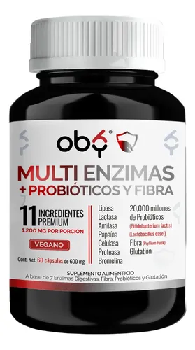 Enzimas Digestivas Probioticos, Glutation y Fibra | Lactobacillus Casei, Lactasa, Lipasa | Digestive Enzymes Oby Vitaminas Mujer y Hombre | 60 capsulas | Premium