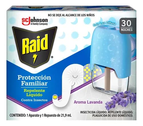 Repelente Líquido Eléctrico Raid Protección Familiar Aparato + Repuesto Insecticida De 30 Noches