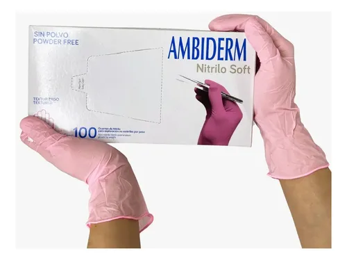 Guantes descartables antideslizantes Ambiderm Soft color rosa talle P de nitrilo x 100 unidades
