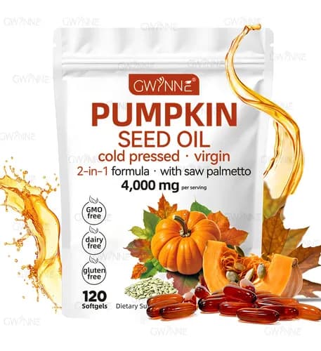 Gwynne 4000mg Cápsulas De Aceite De Semilla De Calabaza,Cold Pressed,Pure Virgin Oil,Apoyar la salud del cabello,el sistema urinario y la próstata,rico En Ácidos Grasos y Phytosterols 120cápsulas