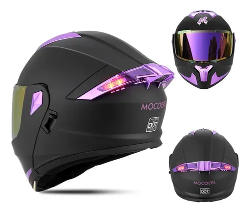 Casco De Moto Abatible Mujer En Púrpura Mate Con Luz Certificado DOT Diseño Monocolor Tamaño Del Casco S