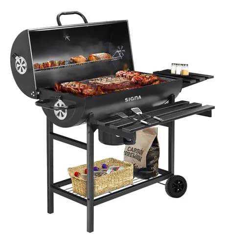 Parrilla Asador De Carbón Tipo Barril Con Ruedas Acero Inox Negro