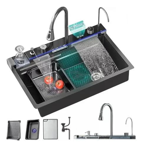 Fregadero SINKING M3 75x46 cm Negro Acero Inoxidable 304 con Grifo Digital, Drenaje y Accesorios