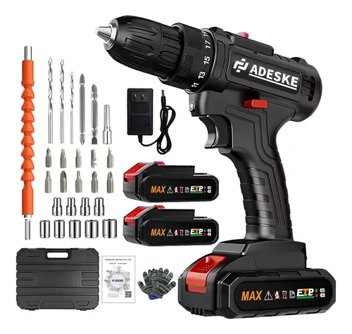 Adeske Ht-T66 Taladro Inalámbrico De 10Mm Con 2 Baterías De 7500Ah Y Maletín Negro