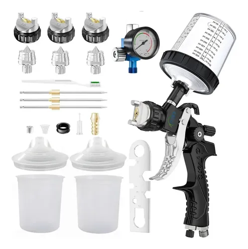 Pistola De Pintura Hvlp 600cc Con 3 Boquillas 1.4/1.7/2.0mm Con 2 Vasos Mezcladores De 600 Cc Y Tapas Kit Para Pintar Para Automóviles, Casas Y Muebles KKLUV®