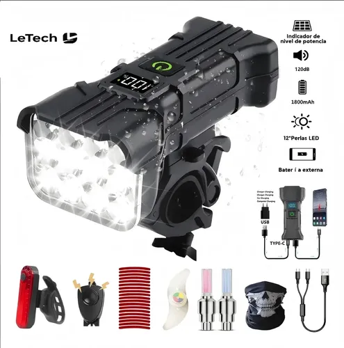 Letech®luz Para Bicicleta 6000 Lúmenes Led Recargable Impermeable Ipx5 Faro Delantero + Luz Trasera + Llantas, 5 Modos, Claxon, Kit Ciclismo Nocturno