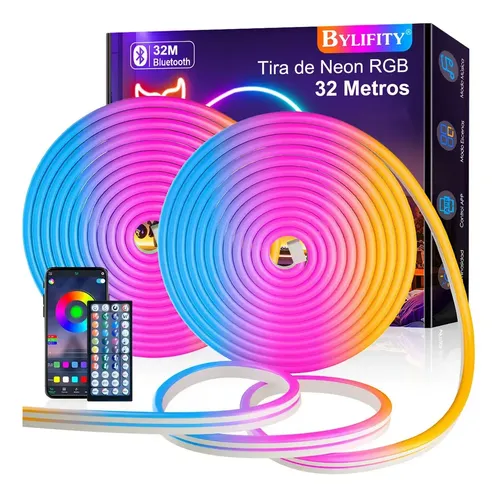 Bylifity Tira De Neon Rgb Flex De Led Bluetooth 32m Luz Led, Multicolor Luces Led Para Cuarto Exterior Flexibles 2 Rolls, Impermeable Ip68, Control Inteligente App, Navidad Halloween Lampara