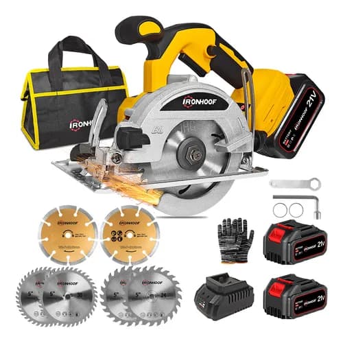 Sierra Circular Eléctrica Inalámbrica 21V Ángulo Ajustable 0 a 45° Potente para Cortar Madera, Metal, Mármol, Azulejo y Porcelanato - Incluye Maletín, Color Amarillo