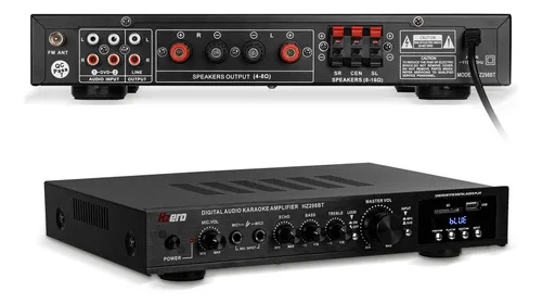 Amplificador Audio Estéreo Envolvente Bluetooth Hzero HZ298BT para Casa 5.1 Canales con Pantalla, Potencia Máxima 2000 W, Soporta Karaoke, 2 Micrófonos, FM, USB y Tarjeta SD, Control Remoto