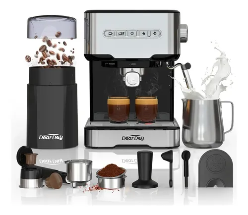 Cafetera Espresso DEAR DAY 20 Bar con Molino y Espumador Nespresso Plata