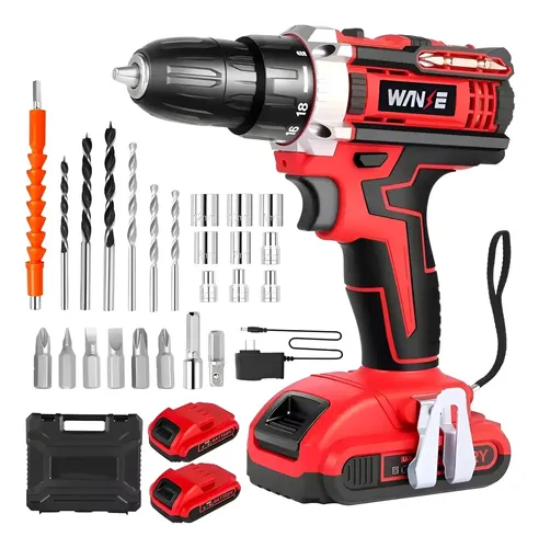 Kit Desatornillardor Electrico Taladro Inalámbrico 2 Batería Wanse Rojo
