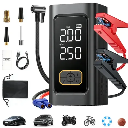 Arrancador De Batería De Auto 9000a Portátil Compresor De Aire Inflador 150psi Con Powerbank, Pantalla Digital Dual Y Flash Led Para Automóvil Moto Camioneta Cortacésped Colchón Inflable Baloncesto