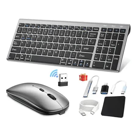 Kit Teclado Y Mouse Inalámbrico Lwmaster Lw98 Gris Bluetooth Esp Bluetooth Windows Mac Plateado