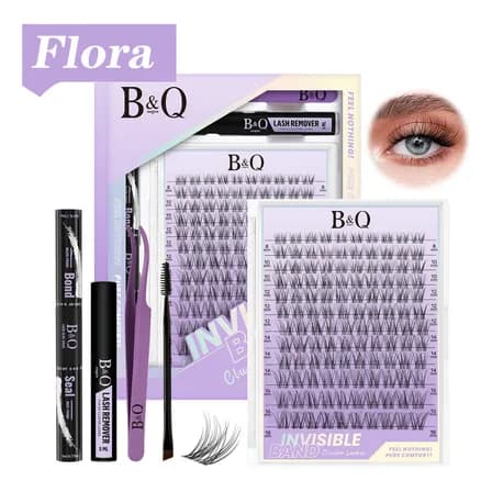 Kit De Extensiones De Pestañas Flora B&q Raíces Invisibles Con Pegamento Y Removedor Curvatura D 8-18mm Mixtas Kit Pestañas Bq Byq Bqlash 1.8 Cm 0.07 Mm
