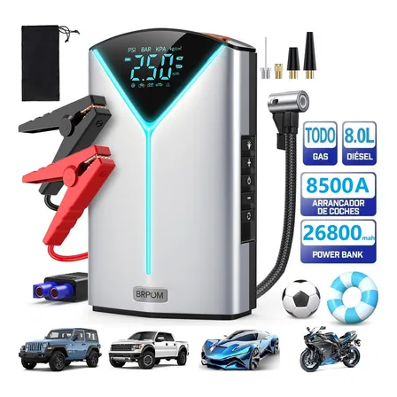 Arrancador De Batería Auto8500a Portátil, Brpom Cargador 26800mah Powerbank, Inflador Rápido Compresor De Aire Inteligente 150psi Con Pantalla Y Led Flash Para Moto,coche, Motocicleta