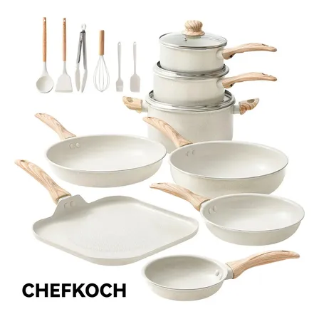 Batería De Cocina Antiadherente De Cerámica Blanca De La Marca Chefkoch, 17 Piezas, Que Incluye Sartén Cuadrado, Sartén Plano, Cacerola Para Leche, Wok Y Sartén Profunda. Blanco