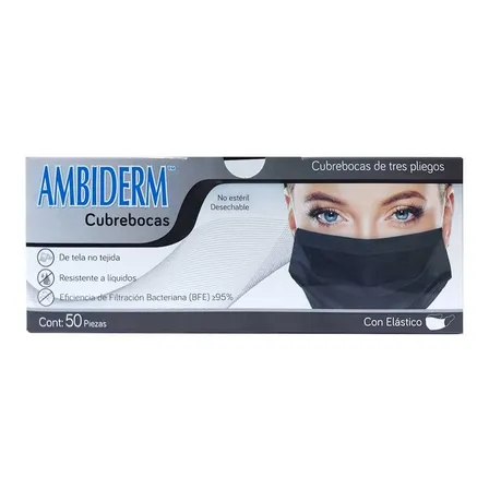 Cubrebocas Ambiderm Negro Plisado Tricapa Termosellado 50pz Liso