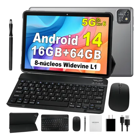 Tablet Android 14 Aorzoo 10.1'' Hd 16+64gb Ram 1tb Ampliable Wifi 6 Octa-core Pad Bluetooth 5.0 , Cámara Dual 5mp+13mp, Gris Tableta Con Funda Plegable Teclado Ratón Lápiz Y Gms Certificación Tablets