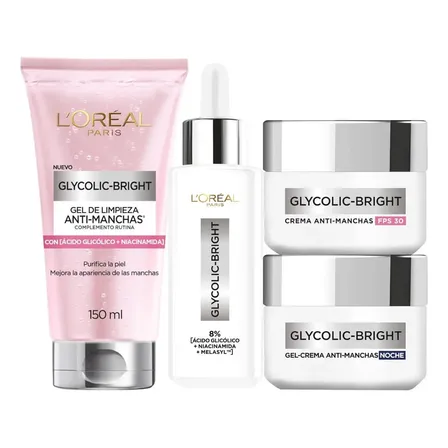 L'oréal Paris Kit Anti-manchas Glycolic Bright Rutina Completa Con Ácido Glicólico Y Niacinamida Sérum De Rostro 30ml + Crema Hidratante De Día 50ml + Crema De Noche 50ml + Limpiador Facial 150ml, 4pz