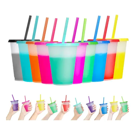 Vasos Mágicos De Plástico De 500ml Con Tapa Y Popote, 10 Pza