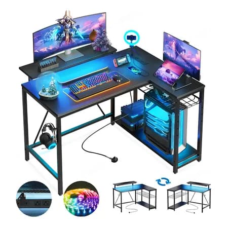 Furrific®escritorio Gamer En L Con Luz Led Y Regleta Enchufe