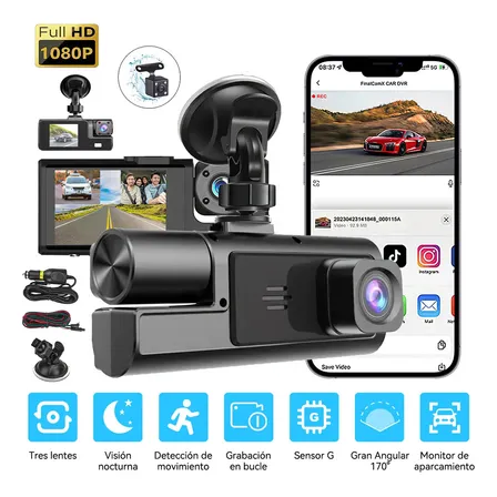 Hotu Grabadora De Coche Teléfonos Wifi Hd 1080p 3 Pantalla Cámara Conectividad Inteligente Vía Wi-fi Grabación Ininterrumpida + Asistente De Estacionamiento Grabación En Bucle Y Sensor G