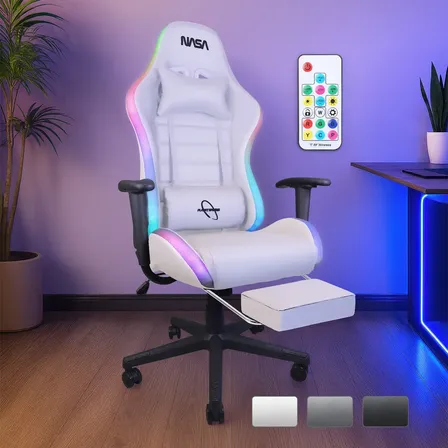 Silla Gamer N.a.s.a Galaxia Blanca Reclinable Led Rgb Con Apoyapiés Y Soporte Lumbar Blanco Cuero Sintético
