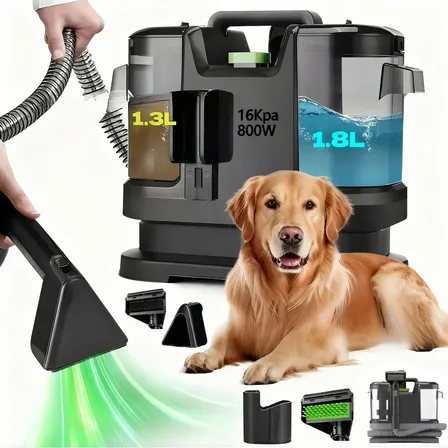 Aspiradora Para Limpiadora Alfombras Y Manchas Tapicería 1.8l+1.3l 16kpa 800w Motor Cobre Puro Mascotas Sala Cortinas Sofás Autos Tanque Antifugas Manguera 1.5m Cable 5m Negro