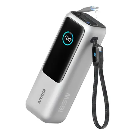 Power Bank Anker Pantalla Smart 25000mah 100w, Con 3 Puertos Usbc Y Cables Retráctiles, Carga Rápida, Compacto Y Portátil, Compatible Con Samsung, Macbook, iPhone, Xiaomi Y Motorola Gris