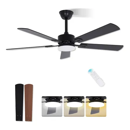 Vortiluz Ventilador De Techo 52 Pulgadas Con Luz Y Control Remoto - 6 Velocidades, Motor Reversible Silencioso, Para Sala De Estar O Dormitorio Principal 1.32 M 60hz Negro Negro Y Madera Madera 5