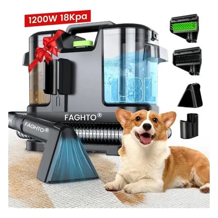 Aspiradora Para Limpiar Alfombras Y Manchas Faghto 1200w 1.8l+1.3l 18kpa 3 En 1 Para Hogar O Auto Oficina 5m+1.5m Con 2 Cabezales De Cepillo Negro