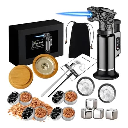 Kit Ahumador De Cócteles Tuomo Con Antorcha Y Astillas De Madera Natural Plateado