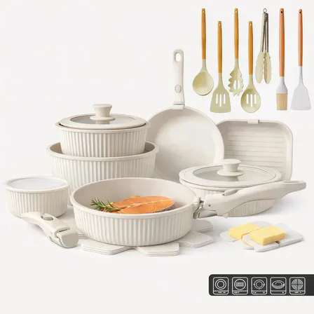 Juego De Sartenes 31 Piezas De Utensilios Antiadherentes Hysmart®batería De Cocina Ollas Y Sartenes Medical Stone Con... Rayas Blanca