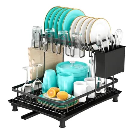 Escurridor De Platos De 2 Niveles Con Bandeja De Drenaje 360°, Organizador De Acero Inoxidable Para Tazas, Cubiertos Y Vajilla, Diseño Compacto Y Fácil De Limpiar Negro