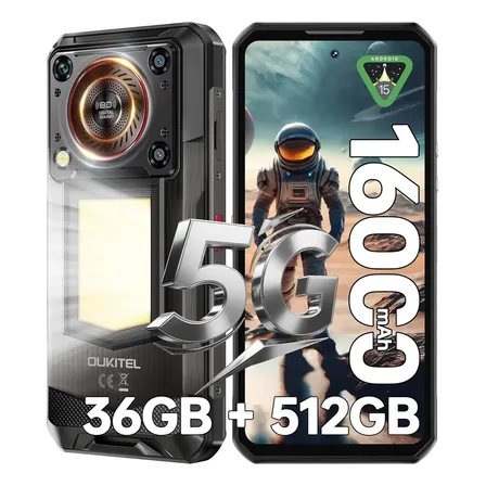 Smartphones Oukitel Wp56 16000mah 36gb Ram+512gb Rom Expansión 2tb Android 15 Celulares 1000 Lámpara De Camping Altavoz Grande Nfc/gps/ip68/ip69k Negro