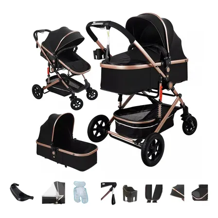 Carriola De Bastón 3 En 1 Gmdr Negra Reclinable Con Capota Y Portabebé Negro Madera