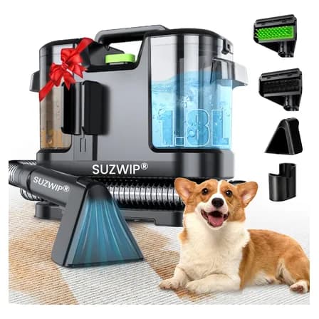 Aspiradora Para Limpiar Alfombras Y Manchas Suzwip 1.8l+1.3l 16kpa Limpiadora Eléctrica Para Hogar O Auto Oficina 5m+1.5m Con 2 Cabezales De Cepillo Negro