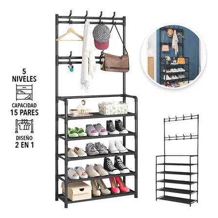 Perchero Raganet Hg097 Zapatera 2 En 1 Organizador Rack Estante Con Ganchos Color Negro