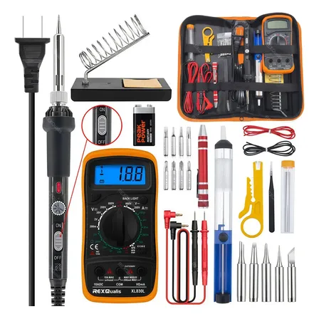 Kit De Soldador Rexqualis, Que Incluye Soldador De Temperatura Ajustable, Punta De Soldador, Multímetro, Soporte, Herramienta Para Desoldar Y Pelacables