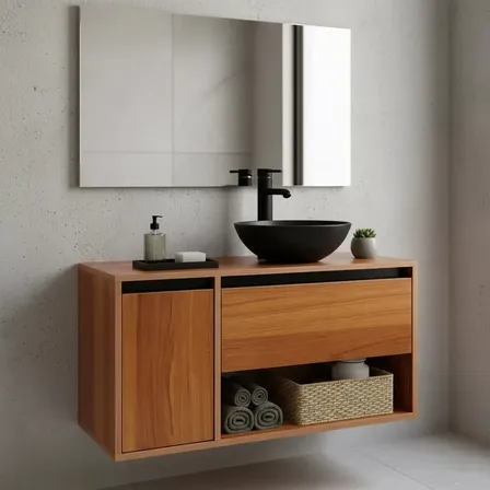 Gabinete De Baño Decomobil Con Lavabo Ovalin Y Monomando Moscato - Negro Mate Negro Un Agujero