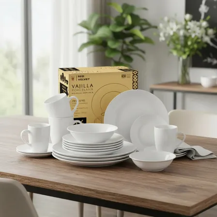 Set De Vajilla De Porcelana De 16 Piezas Elegante Red Velvet Blanco Liso