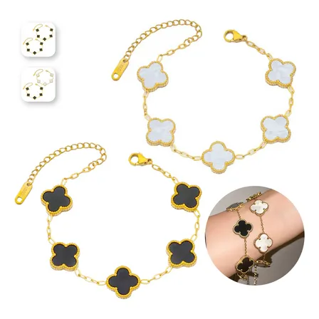 Aokun 2 Pulsera Trébol Cuatro Acero Inoxidable Novia Mujer Color Negro/blanco