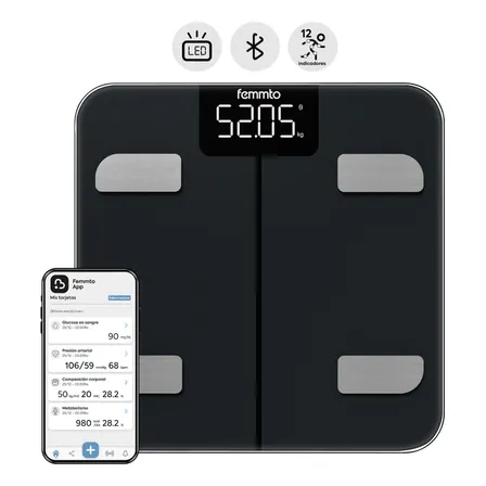 Bascula Digital Bioimpedancia Bluetooth Femmto 180 Kg Grasa Corporal Masa Muscular Baño Negro